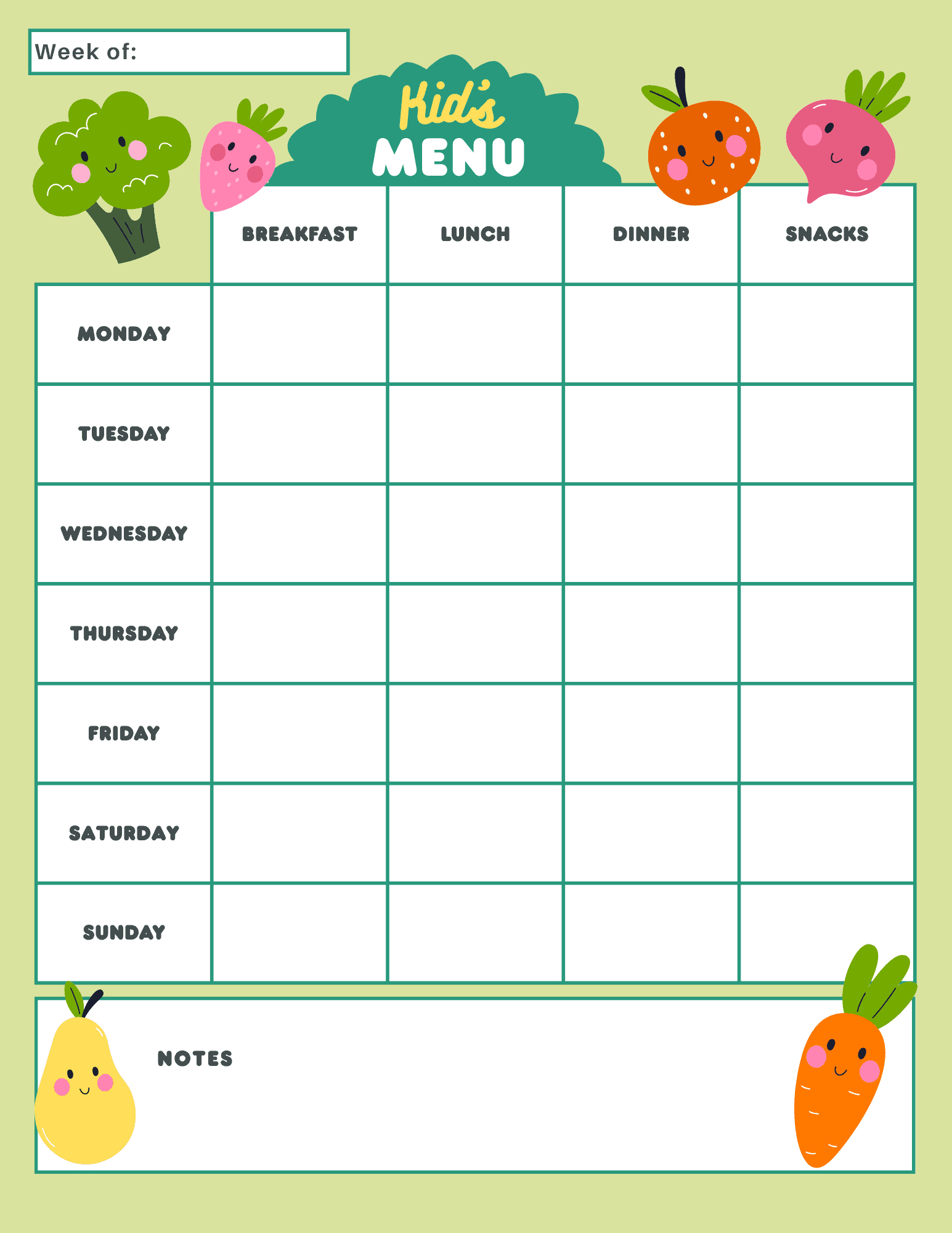 4 Kids Meal Planner Templates | Free Printable Menu Pages intended for Free Printable Daycare Menus