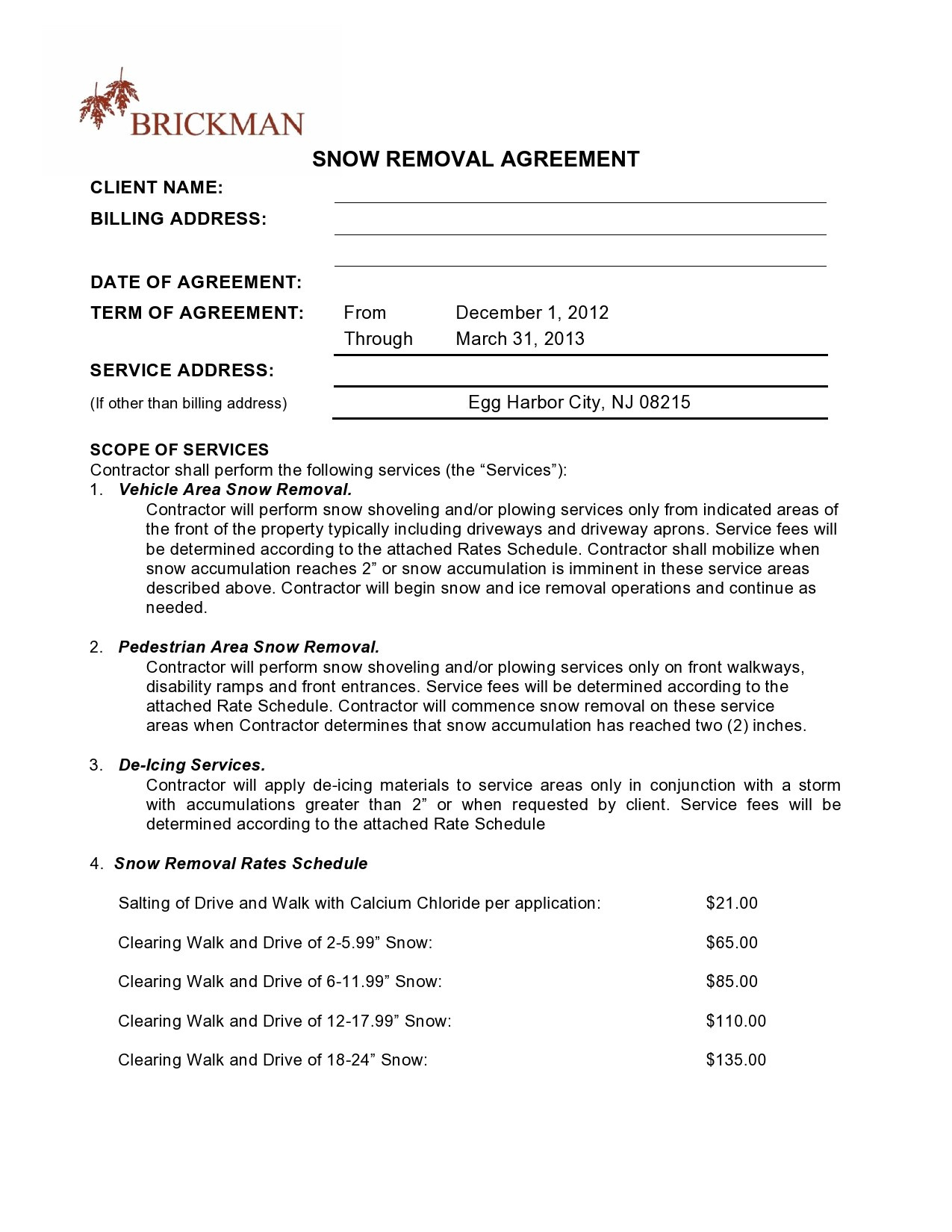 40 Professional Snow Removal Contracts (Free) ᐅ Templatelab pertaining to Free Printable Snow Removal Contract