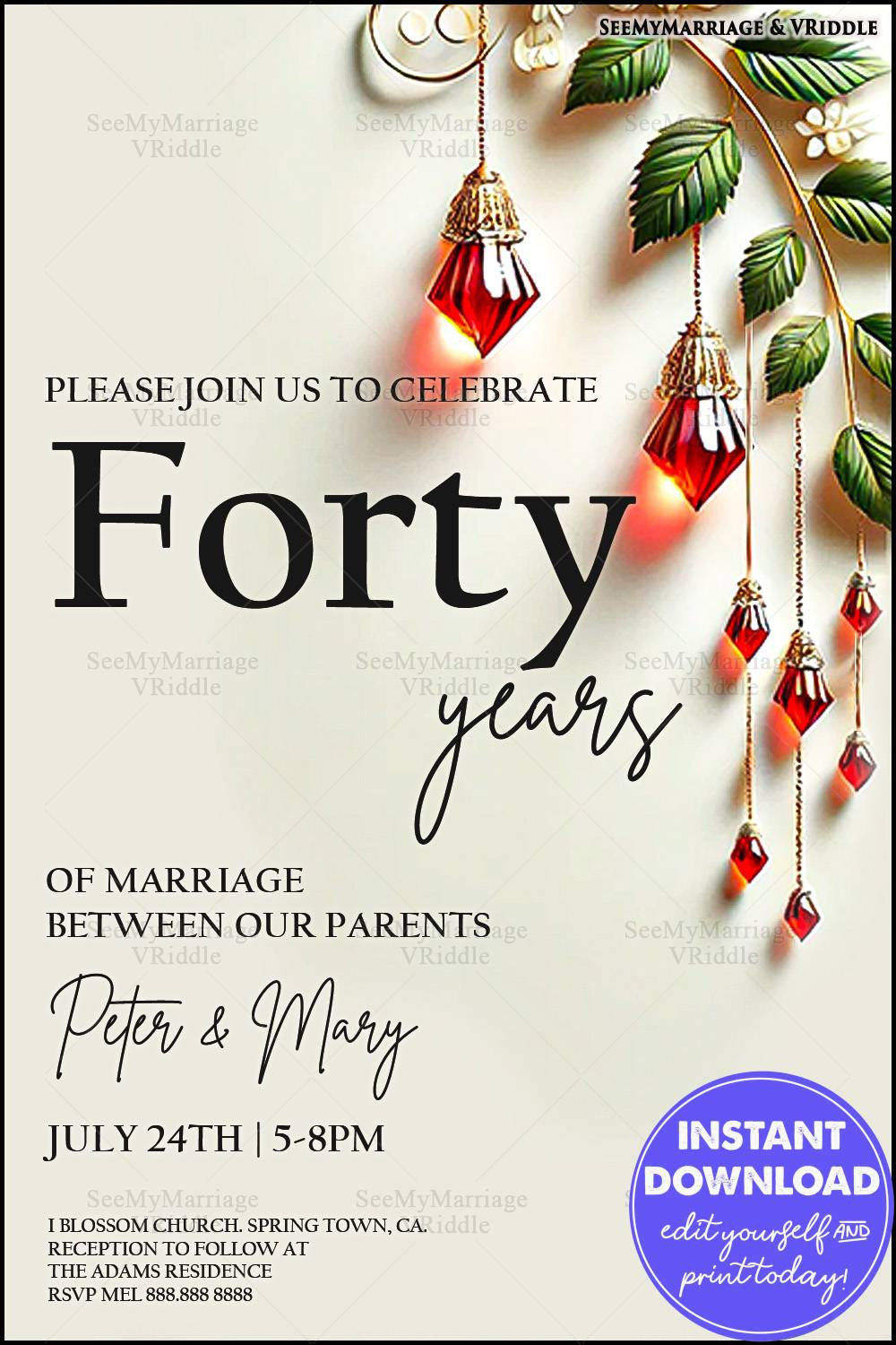 40Th Wedding Anniversary Invitation With Red Hanging Ornaments And Elegant  Greenery Accents pertaining to Free Printable 40Th Anniversary Invitations