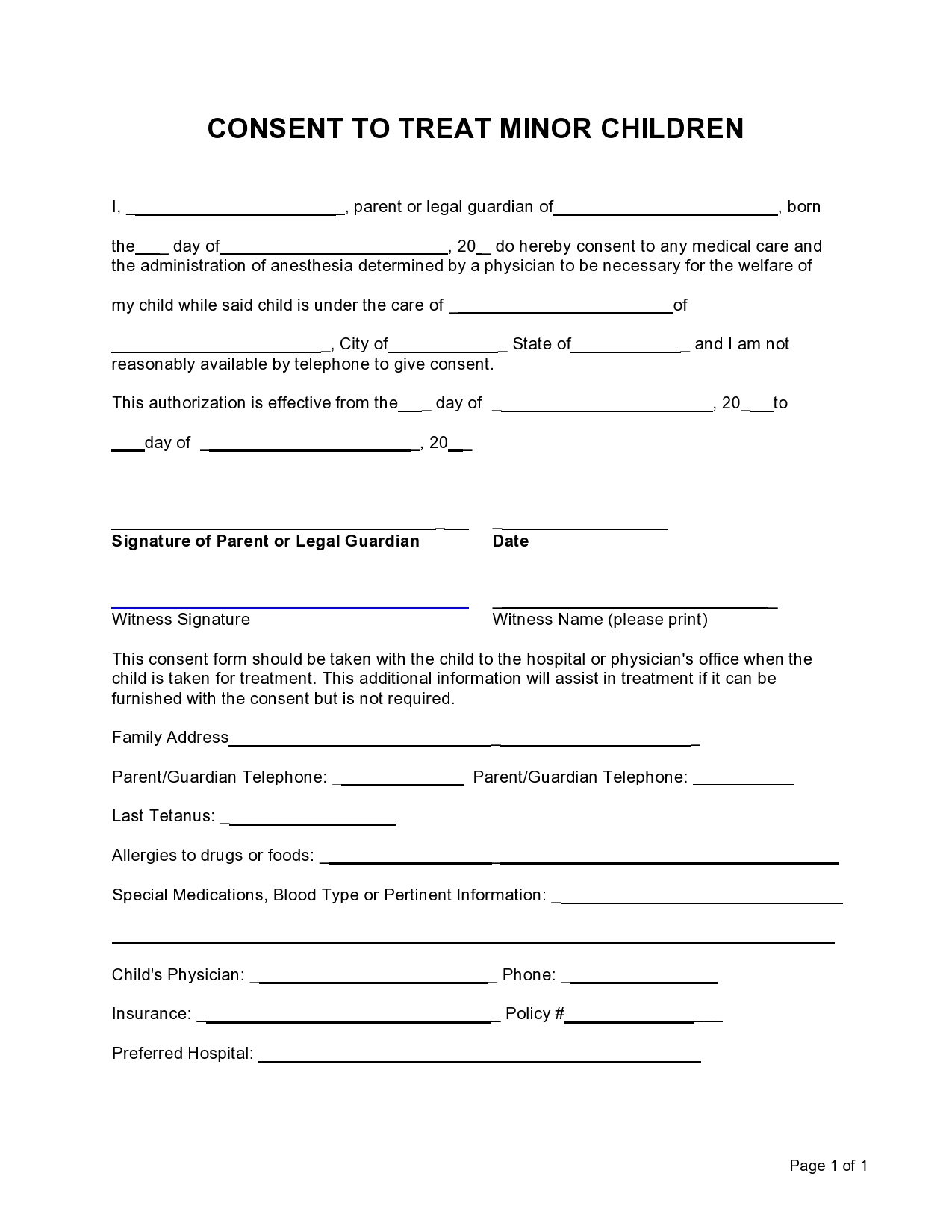 43 Printable Medical Consent Forms For Minor (Free) within Free Printable Medical Consent Form