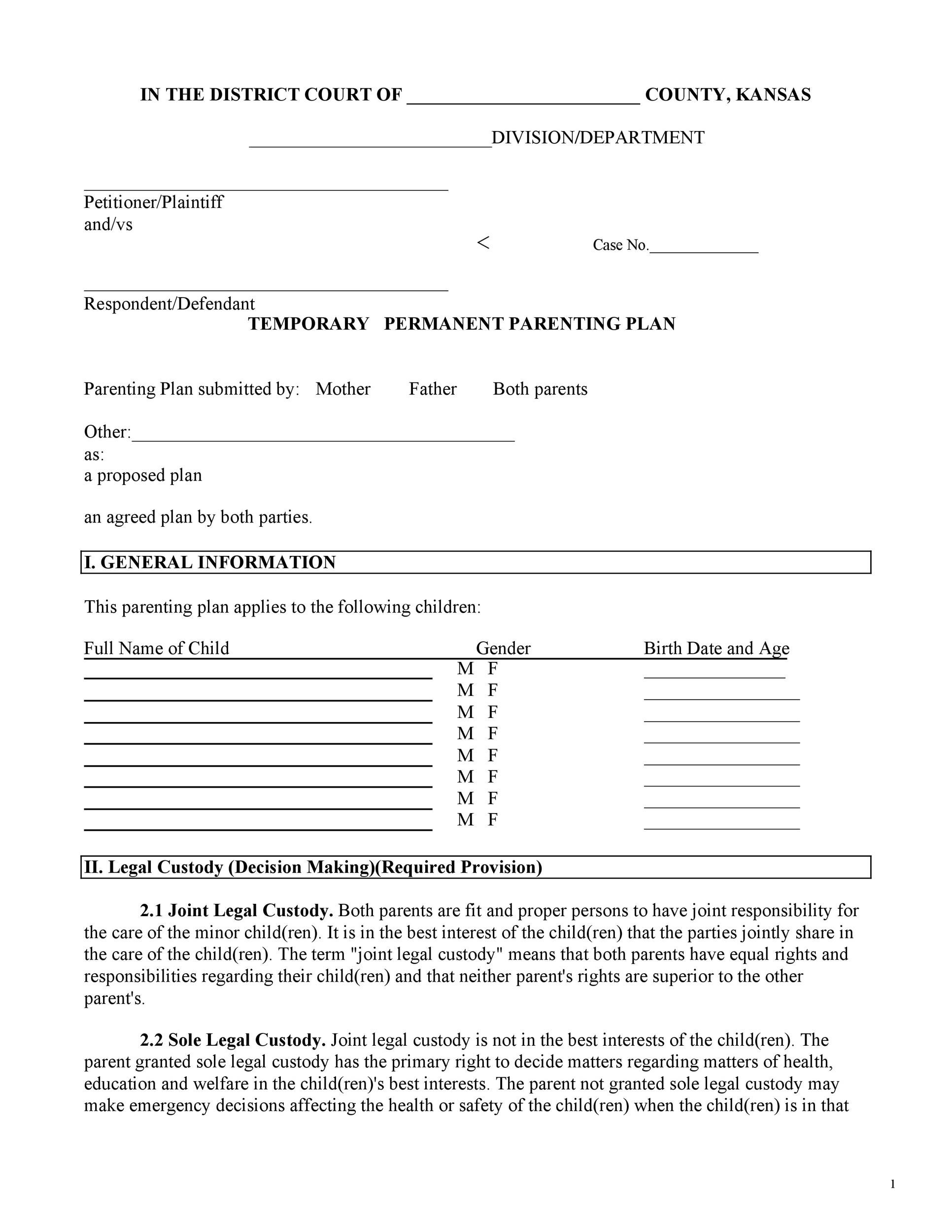 49 Free Parenting Plan & Custody Agreement Templates regarding Free Printable Parenting Plan
