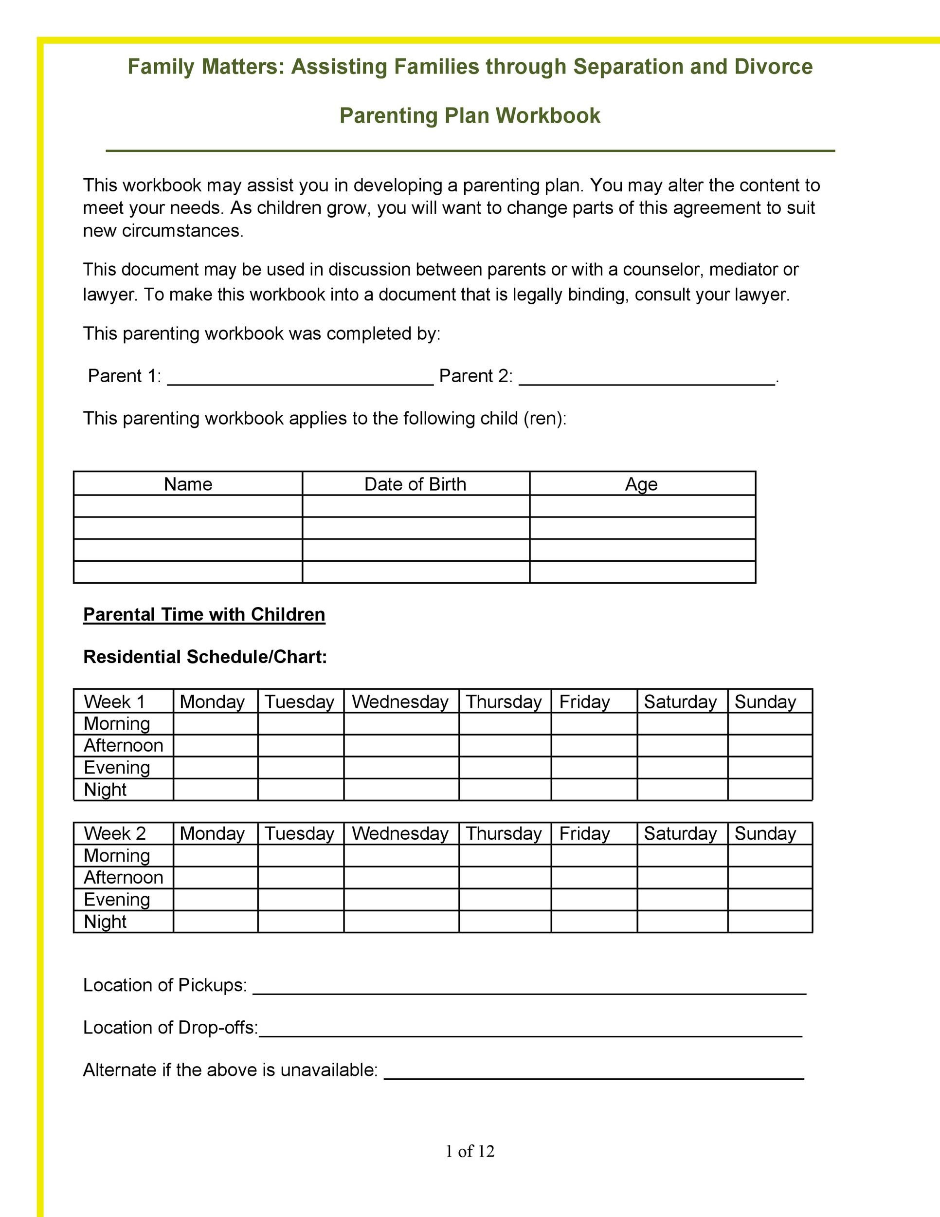 49 Free Parenting Plan & Custody Agreement Templates throughout Free Printable Parenting Plan