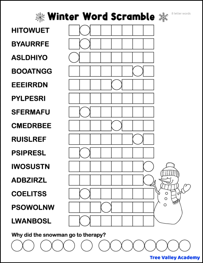 5 Printable Winter Word Scrambles - Tree Valley Academy throughout Free Printable Word Jumble Puzzles For Adults