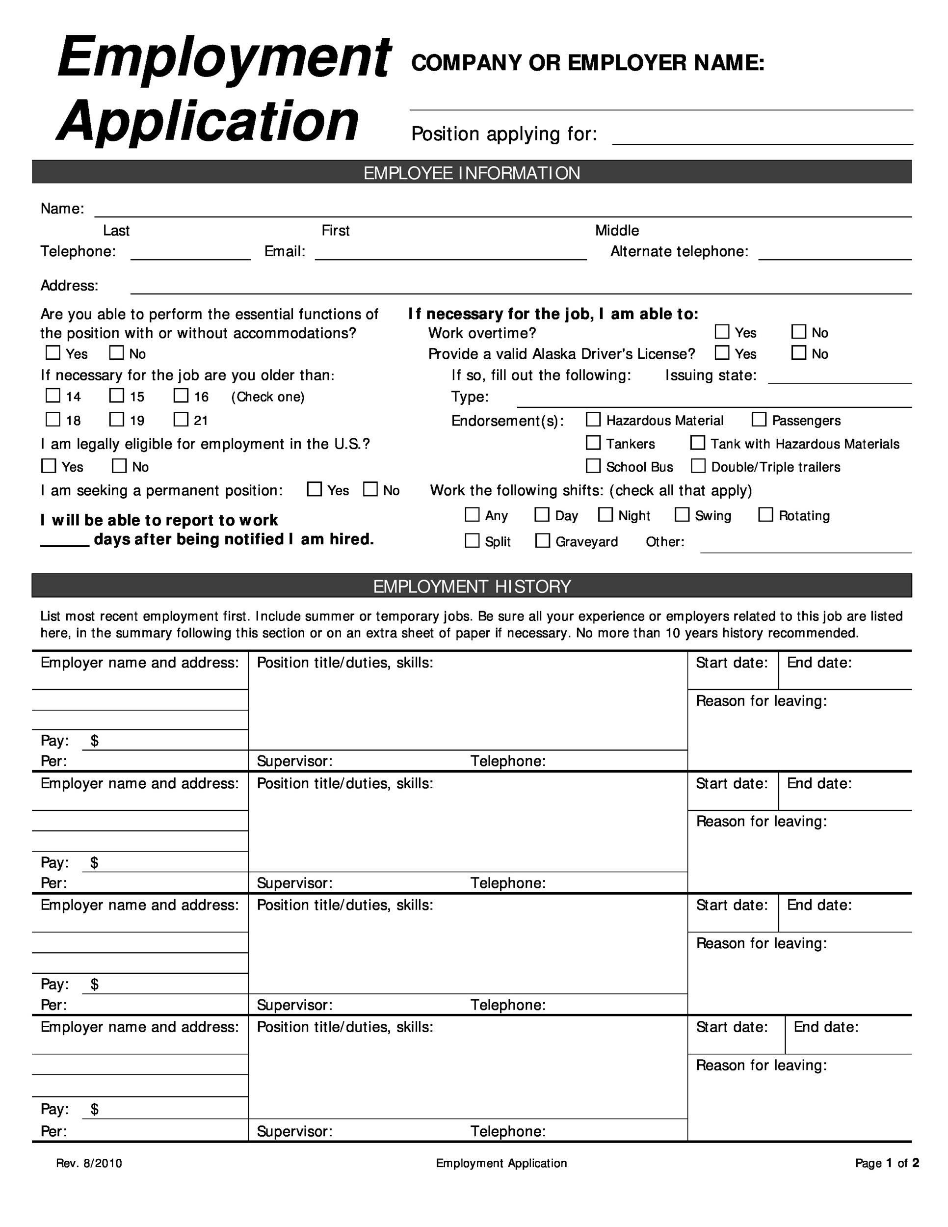 50 Free Employment / Job Application Form Templates [Printable] ᐅ throughout Free Printable Employment Application