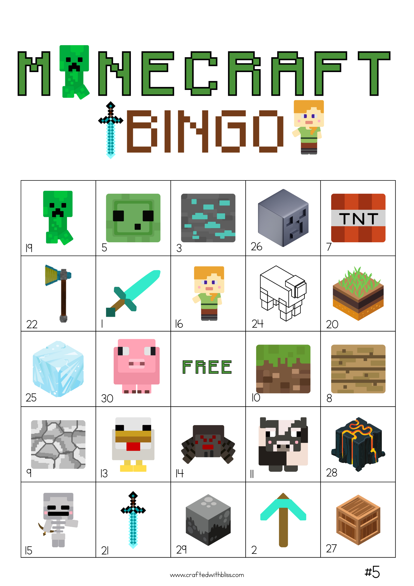 50 Minecraft Bingo Cards (5X5) – Craftedwithbliss - Worksheets Library intended for Free Printable Minecraft Bingo Cards