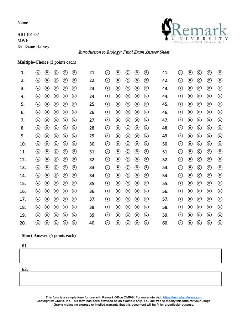 60 Question Test Answer Sheet · Remark Software within Free Printable Bubble Answer Sheets