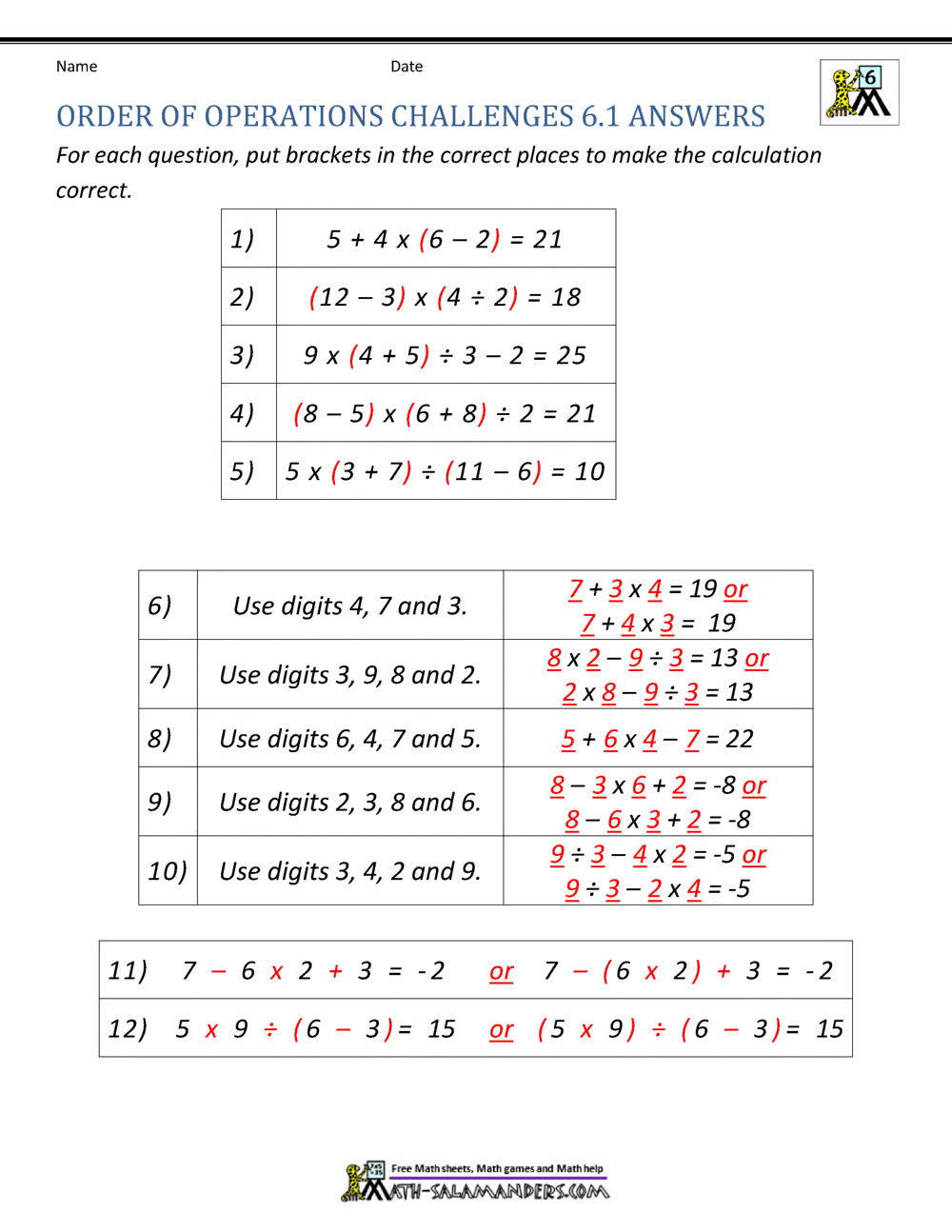 6Th Grade Order Of Operations Worksheets in Order Of Operations Free Printable Worksheets With Answers