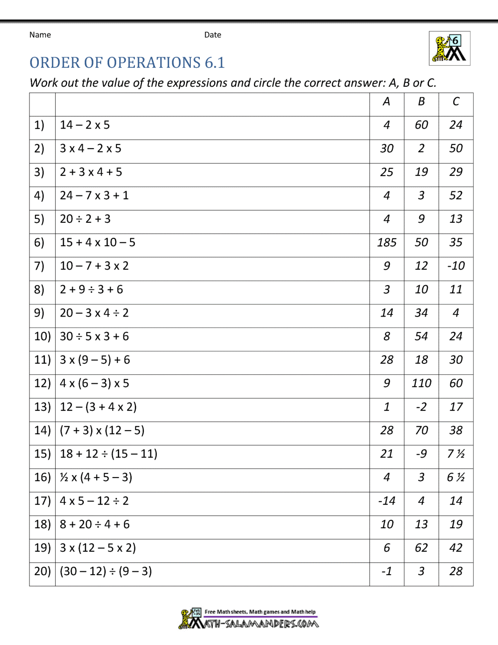 6Th Grade Order Of Operations Worksheets inside Free Printable 6Th Grade Worksheets