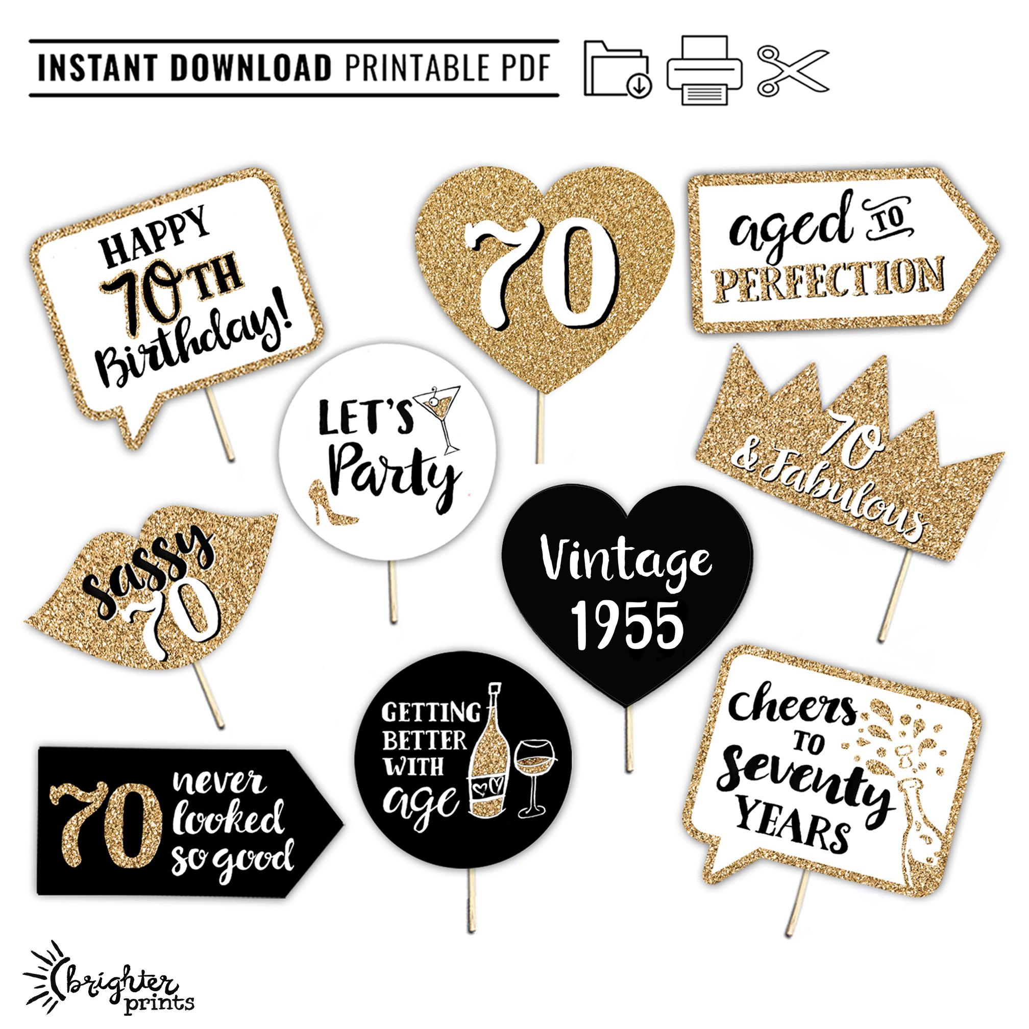 70Th Birthday Printable Photo Booth Props - Gold Black And White with regard to Free Printable 70&amp;#039;S Photo Booth Props