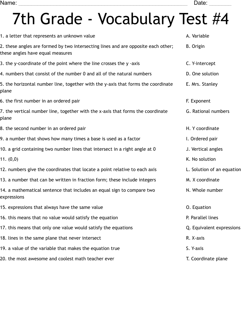 7Th Grade - Vocabulary Test #4 Worksheet - Wordmint inside Free Printable 7Th Grade Vocabulary Worksheets