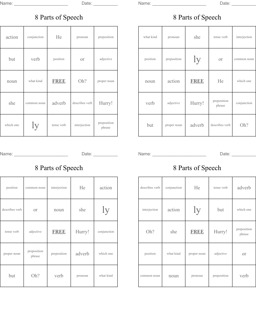 8 Parts Of Speech Bingo Cards - Wordmint with regard to Free Printable Parts Of Speech Bingo