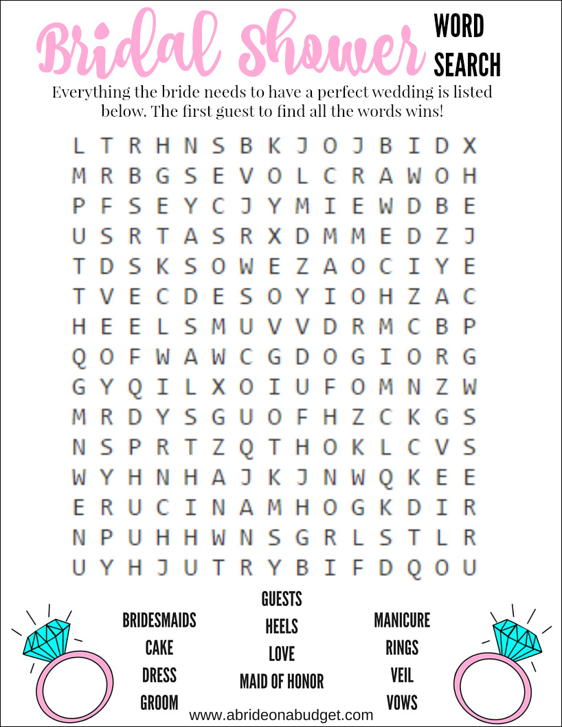 A Bride On A Budget: Bridal Shower Word Search Game (Free Printable) for Free Printable Bridal Shower Games And Activities