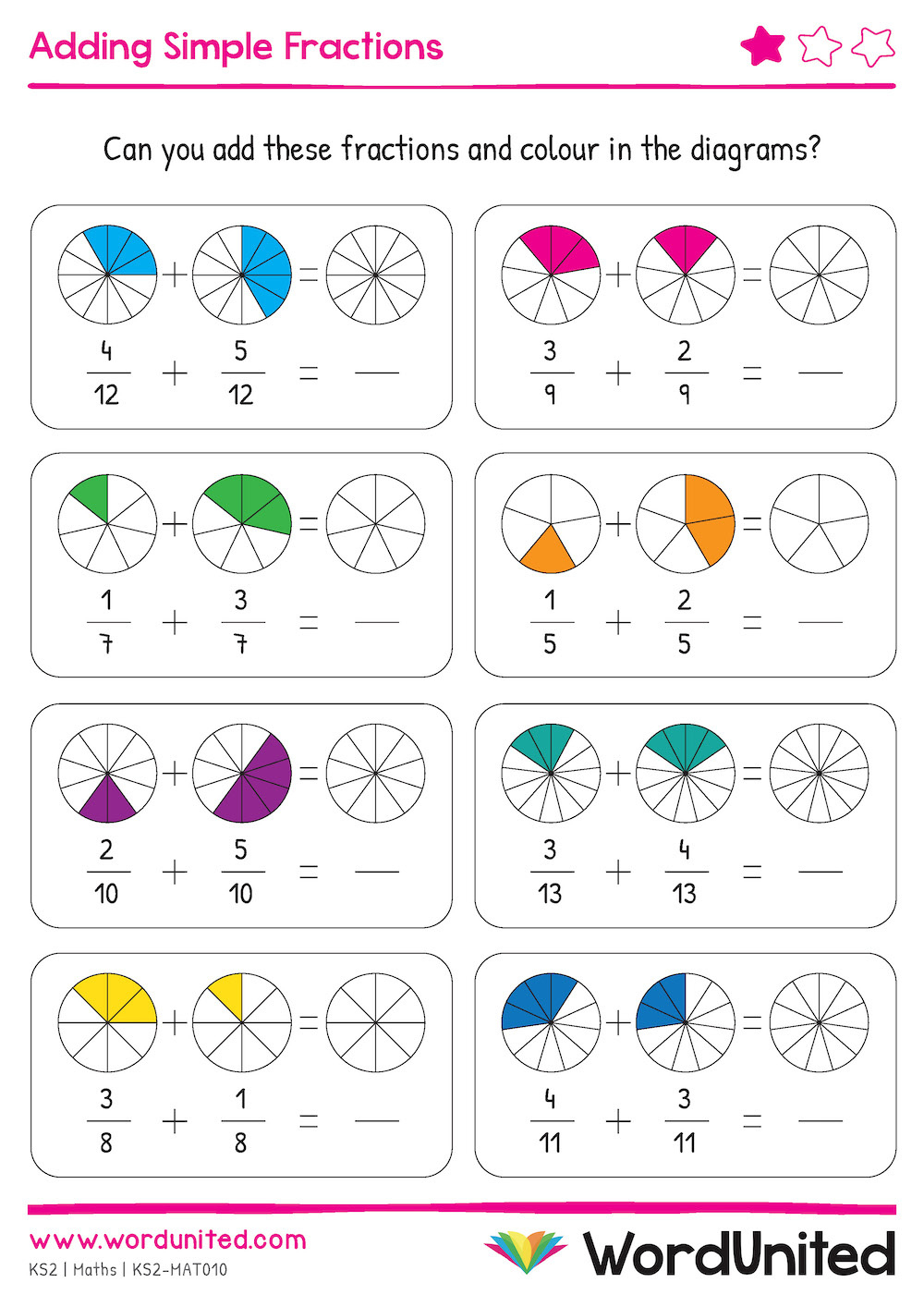 Adding Simple Fractions - Colour &amp;amp; Write - Wordunited pertaining to Free Printable Fraction Worksheets Ks2