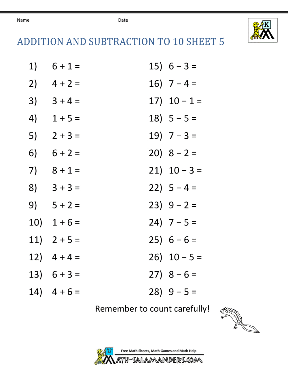 Addition And Subtraction Worksheets For Kindergarten for Free Printable Kindergarten Addition And Subtraction Worksheets