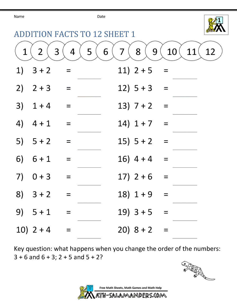 Addition Facts To 20 Worksheets - Worksheets Library with Free Printable Maths Worksheets Ks1