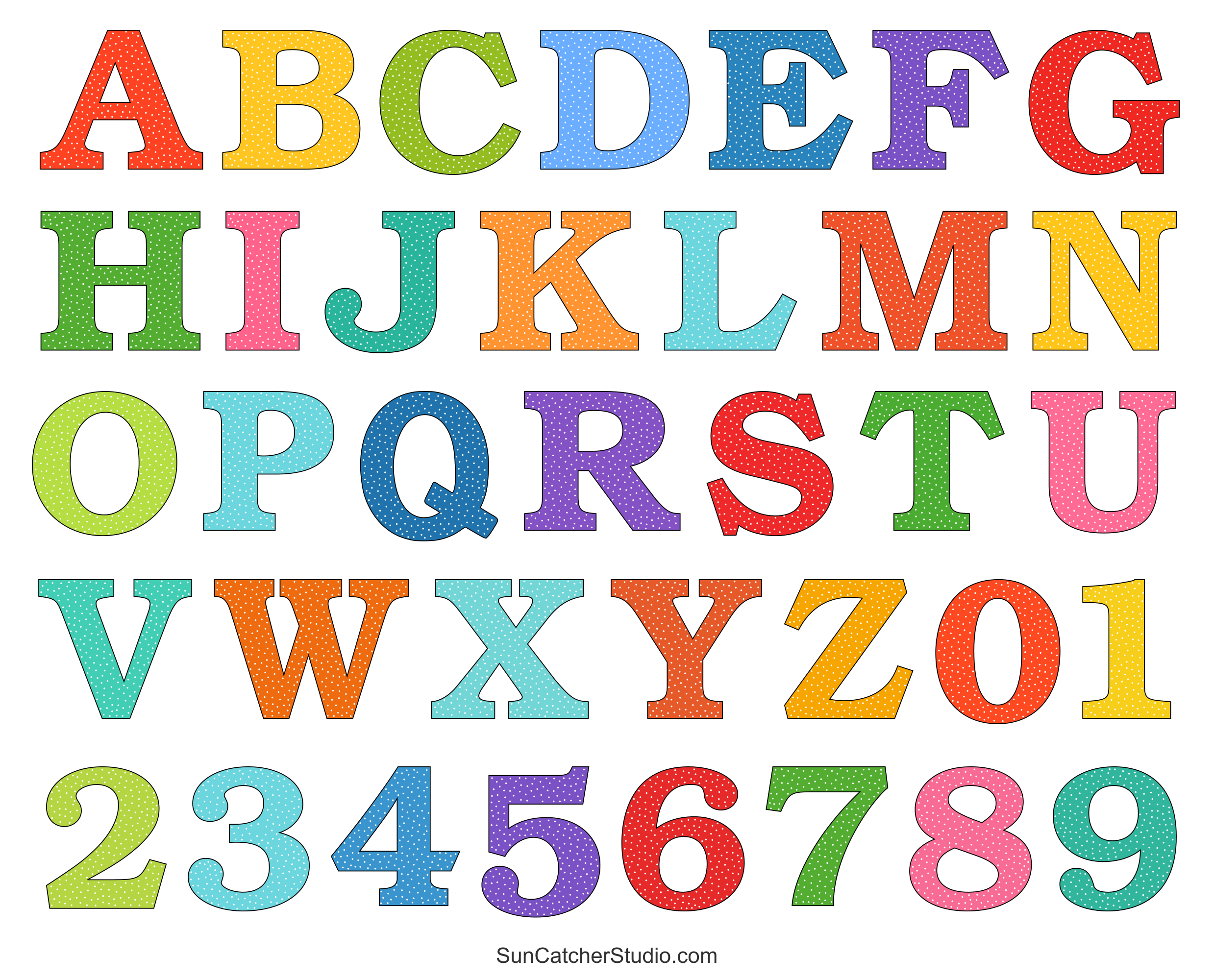 Alphabet Letters And Numbers With A Colorful Polka Dot Design with Large Printable Fonts Free