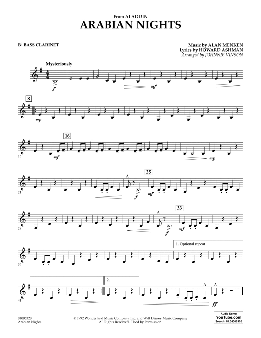 Arabian Nights (From Disneys Aladdin) (Arr. Johnnie Vinson) - Bb with Free Sheet Music For Clarinet Printable