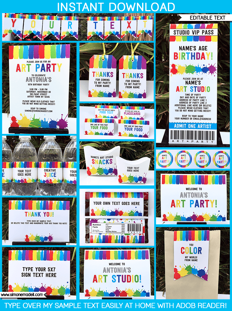 Art Birthday Party Theme Printables | Paint Party with Simone Made It Free Printables