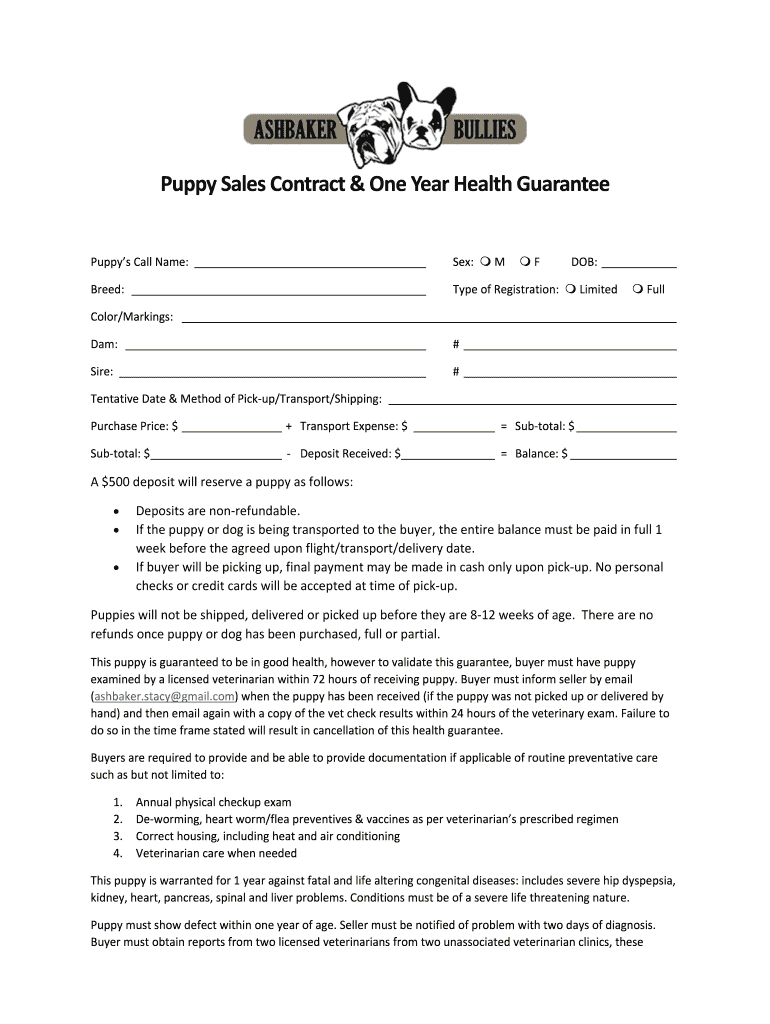 Ashbaker Bullies Puppy Sales Contract One Form - Fill Online in Free Printable Puppy Sales Contract