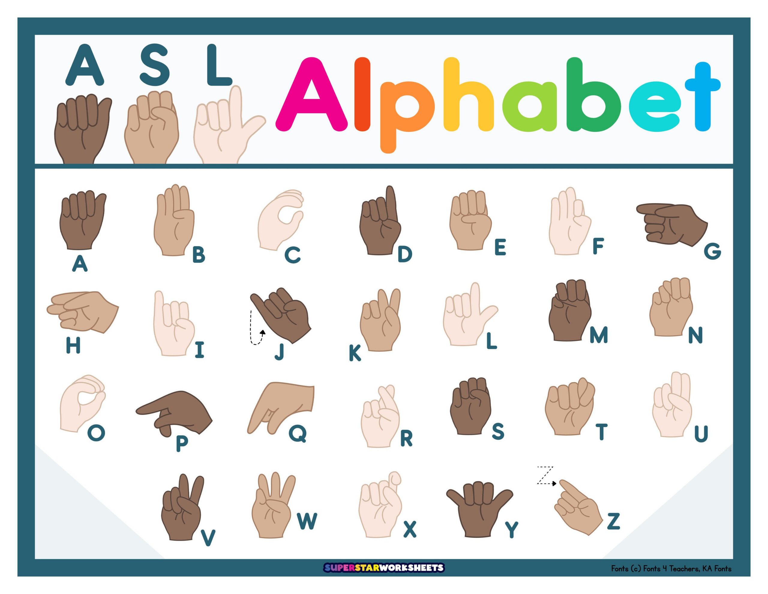 Asl Alphabet Chart - Superstar Worksheets with Free Printable American Sign Language Alphabet