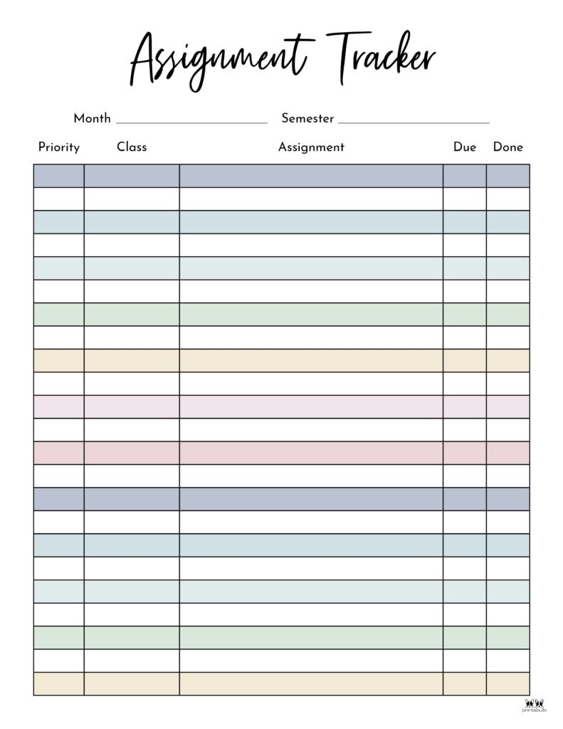 Assignment Trackers - 12 Free Printables | Printabulls inside Free Printable Daily Assignment Sheets