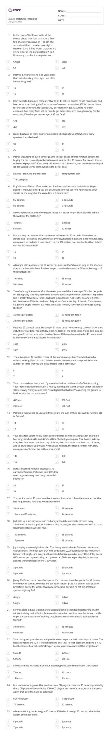 Asvab Arithmetic Reasoning Practice: Comparing Amounts - Dummies regarding Free Printable Asvab Math Practice Test