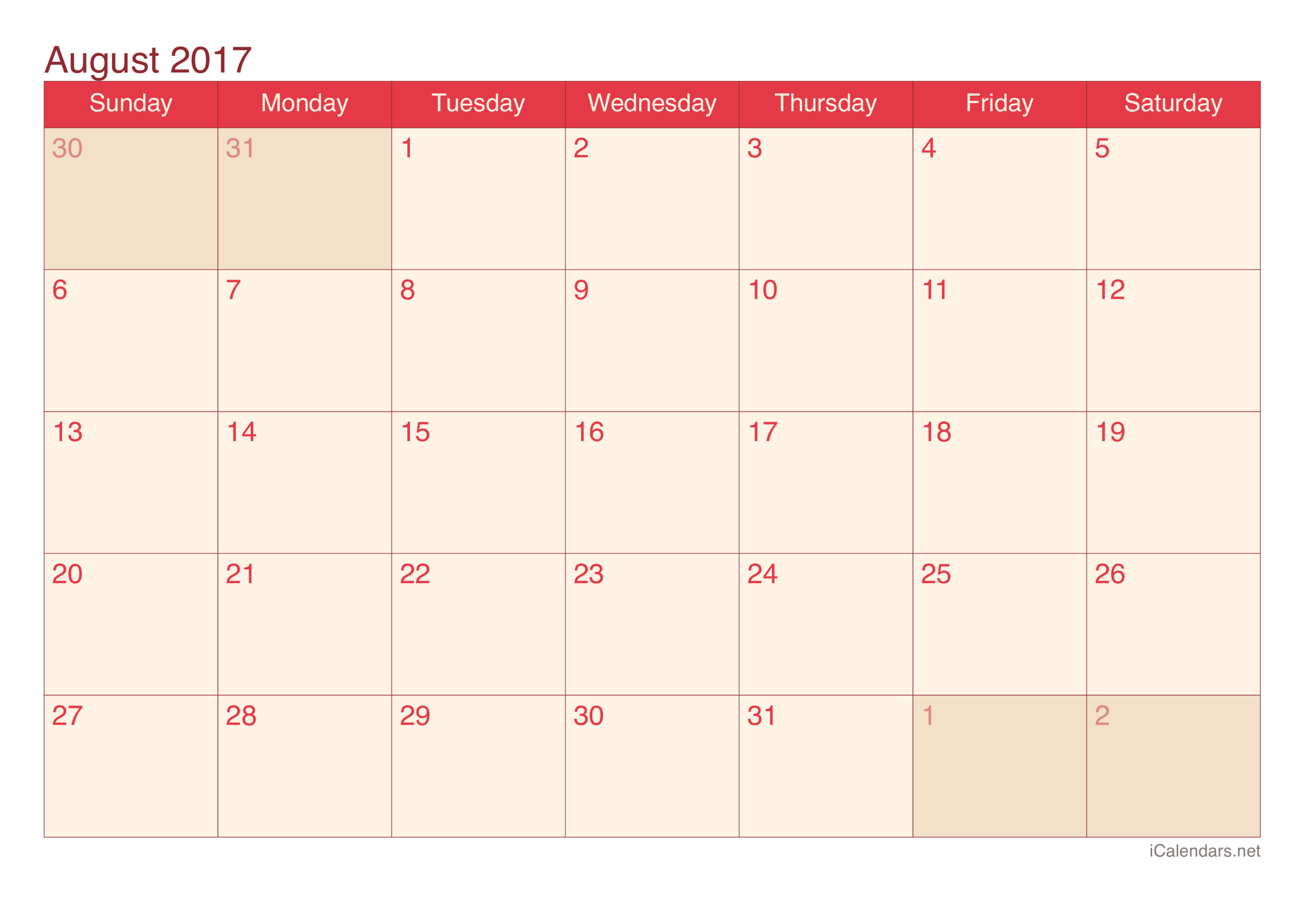 August 2017 Printable Calendar in Free Printable August 2017