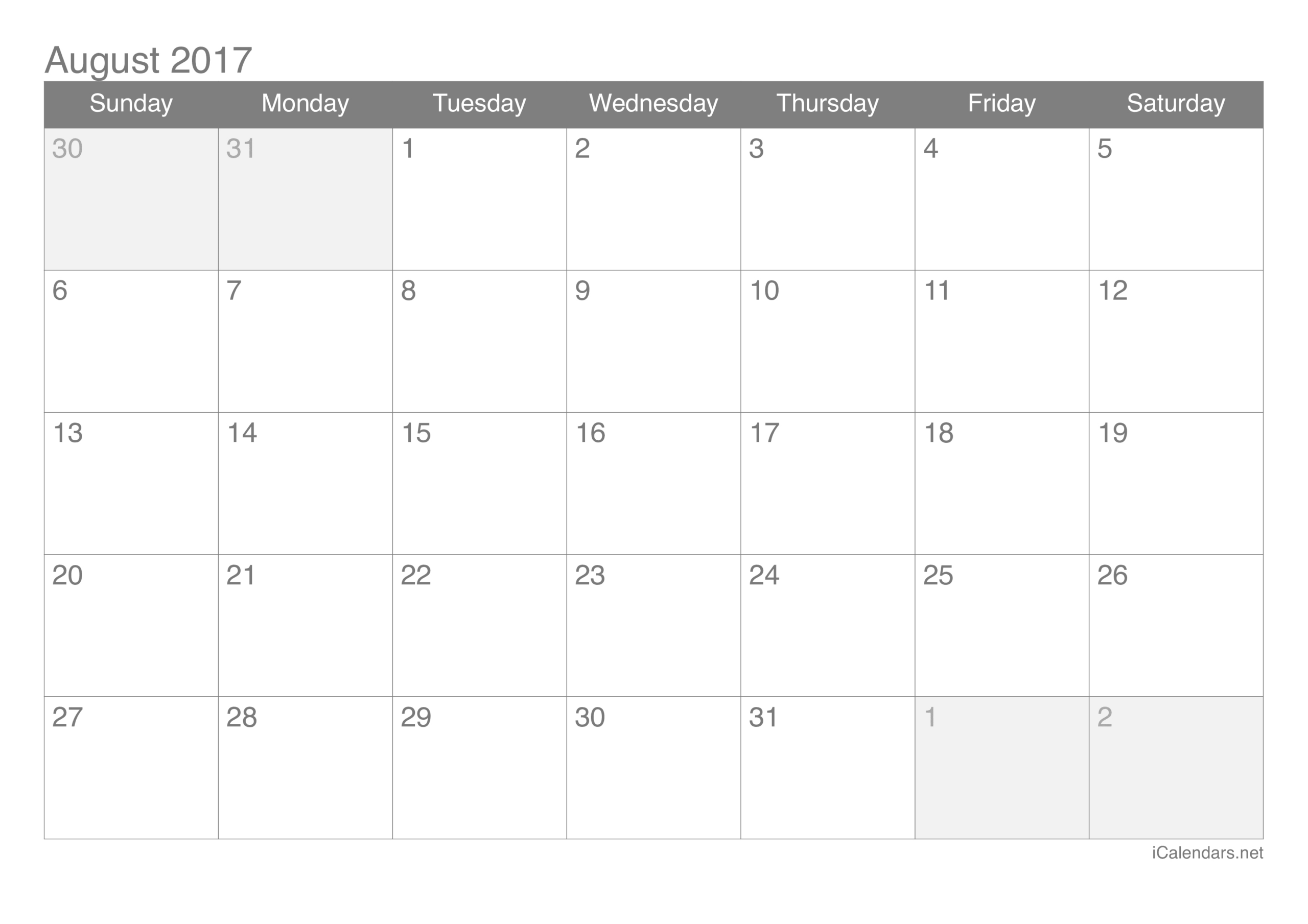 August 2017 Printable Calendar throughout Free Printable August 2017