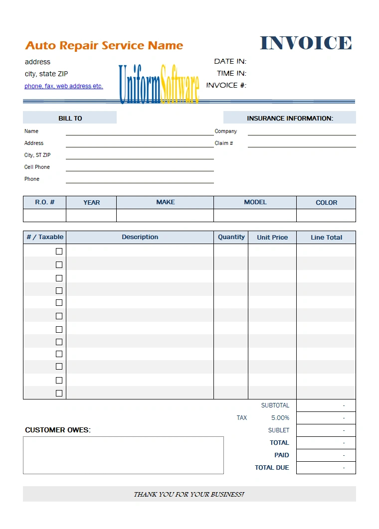 Auto Repair Invoice Template within Free Printable Auto Repair Invoice Template