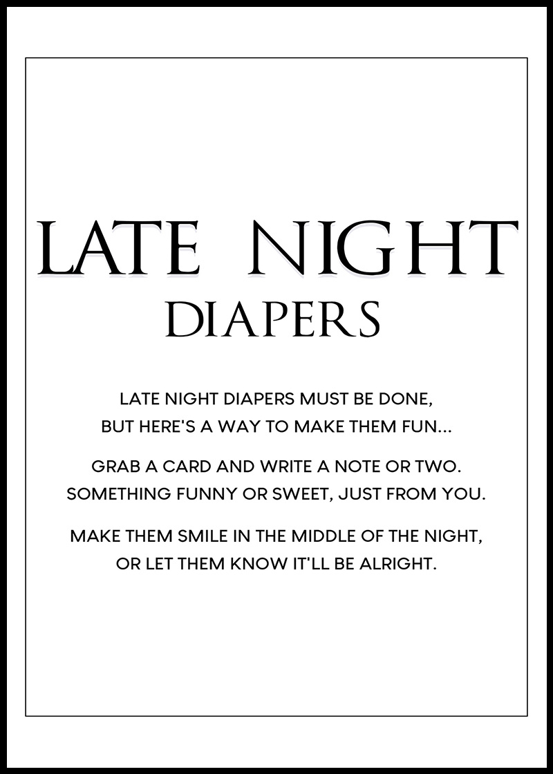 Baby Shower Games - Free Printables - Late Night Diapers - within Late Night Diaper Sign Free Printable