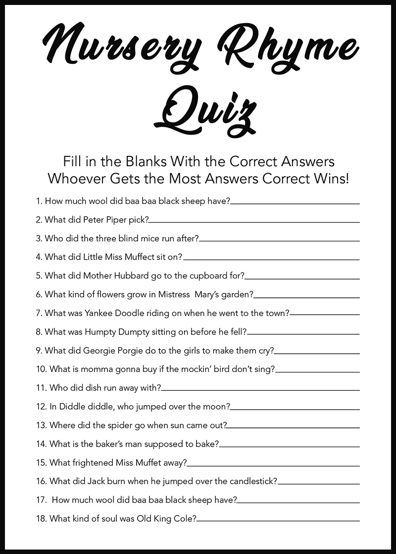 Baby Shower Games - Free Printables - Nursery Rhymes - in Free Printable Baby Shower Games With Answers