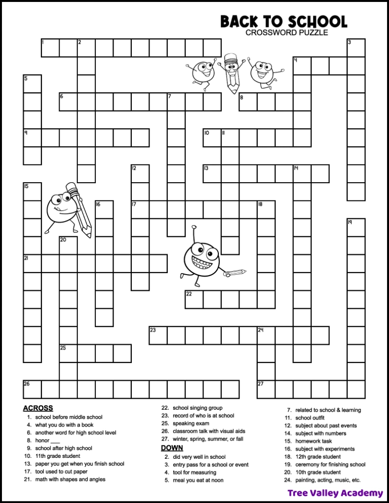Back To School Crossword Middle School - Tree Valley Academy for Free Printable Themed Crossword Puzzles