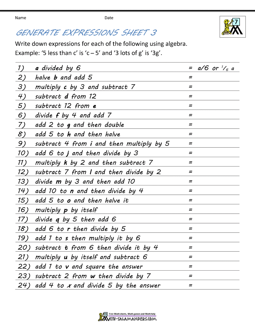 Basic Algebra Worksheets intended for Free Printable Algebra Worksheets Grade 6