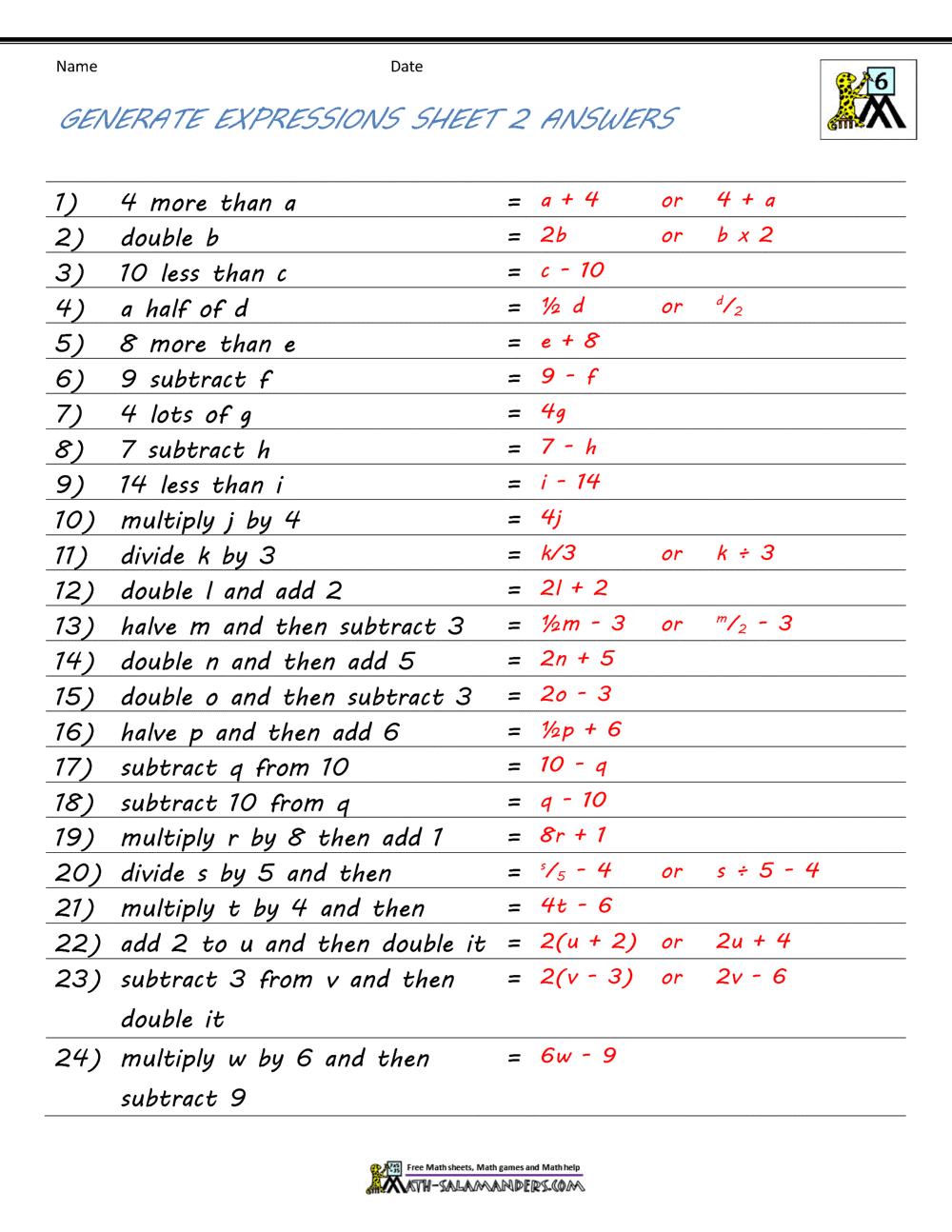 Basic Algebra Worksheets within Free Printable Algebra Worksheets With Answers