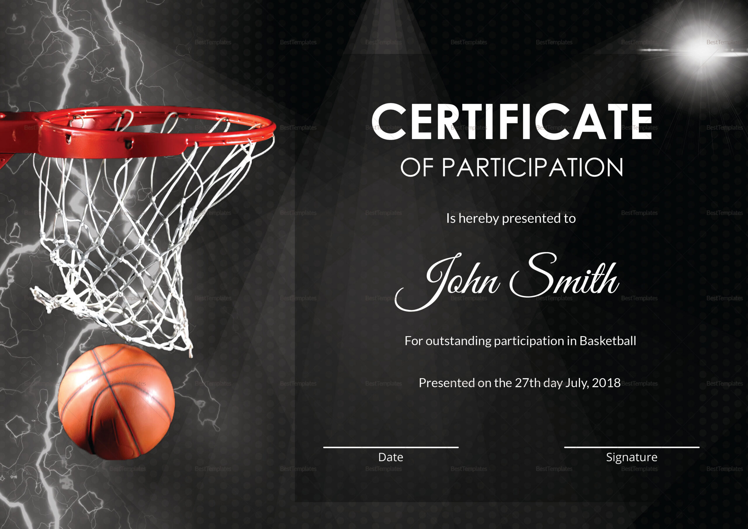 Basketball Participation Certificate Design Template In Psd, Word in Basketball Participation Certificate Free Printable