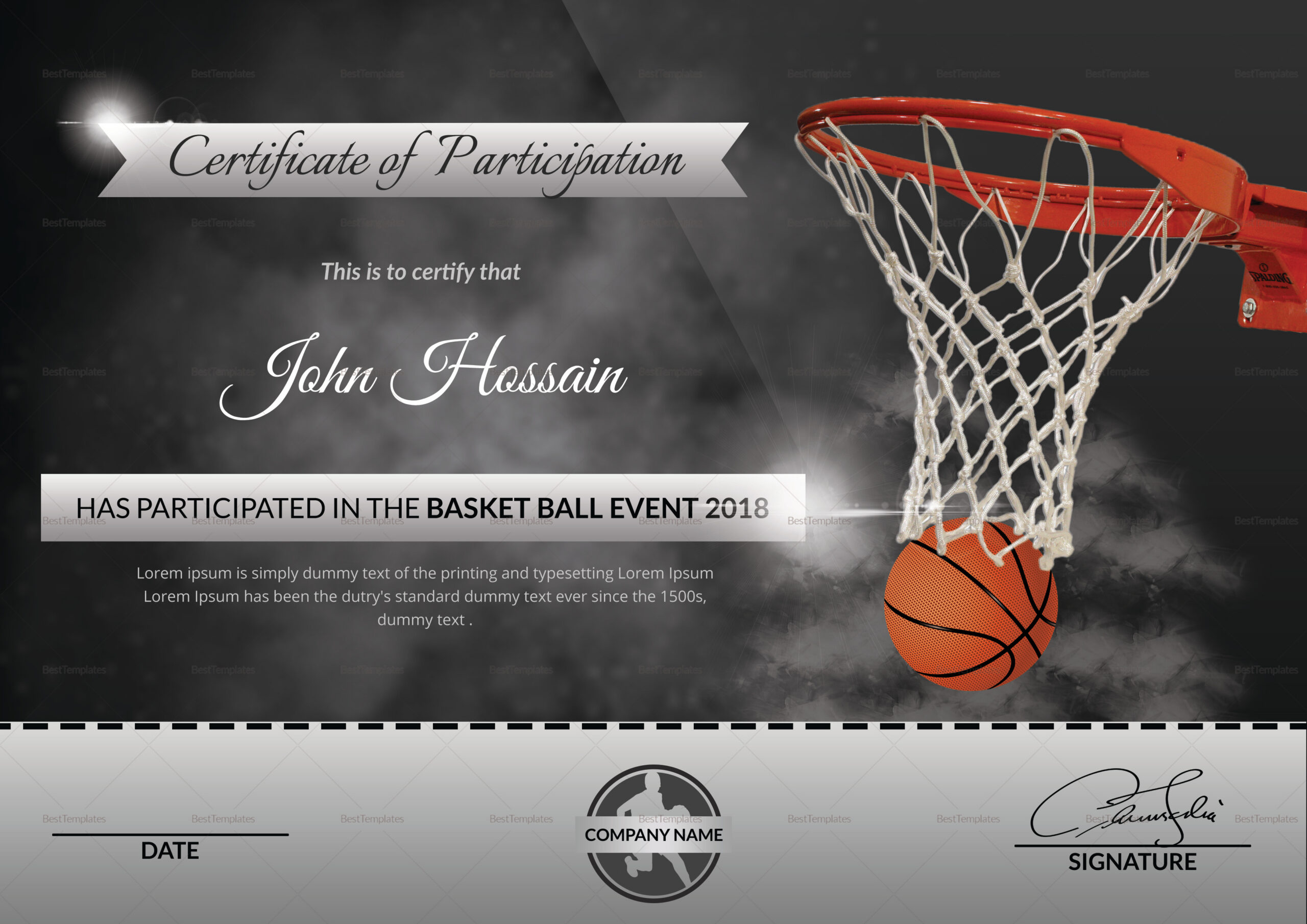 Basketball Participation Certificate Design Template In Word, Psd regarding Basketball Participation Certificate Free Printable