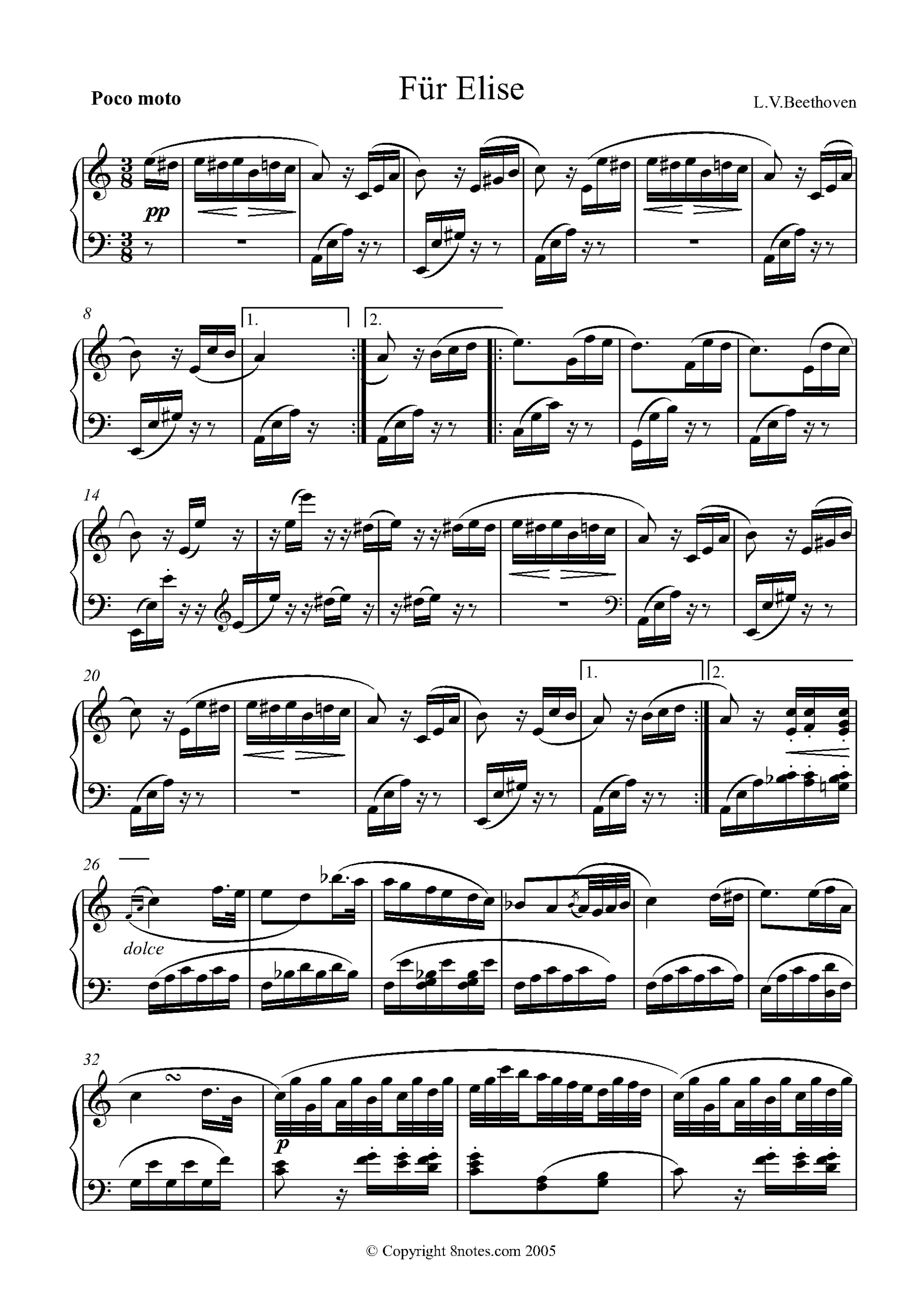 Beethoven, Ludwig Van - Fur Elise (Original) For Piano - Free with regard to Free Printable Piano Sheet Music Fur Elise