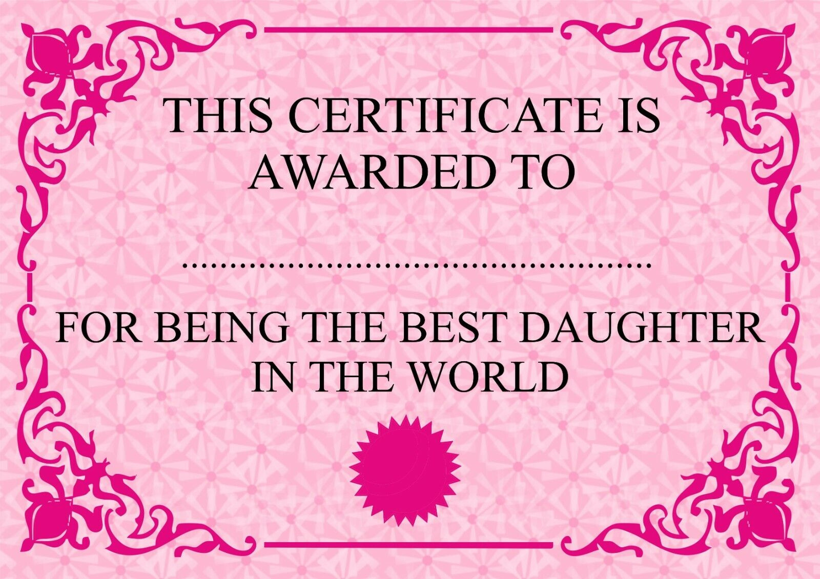 Best Daughter In The World Certificate Pink New Free Post | Ebay for Free Printable Best Daughter Certificate