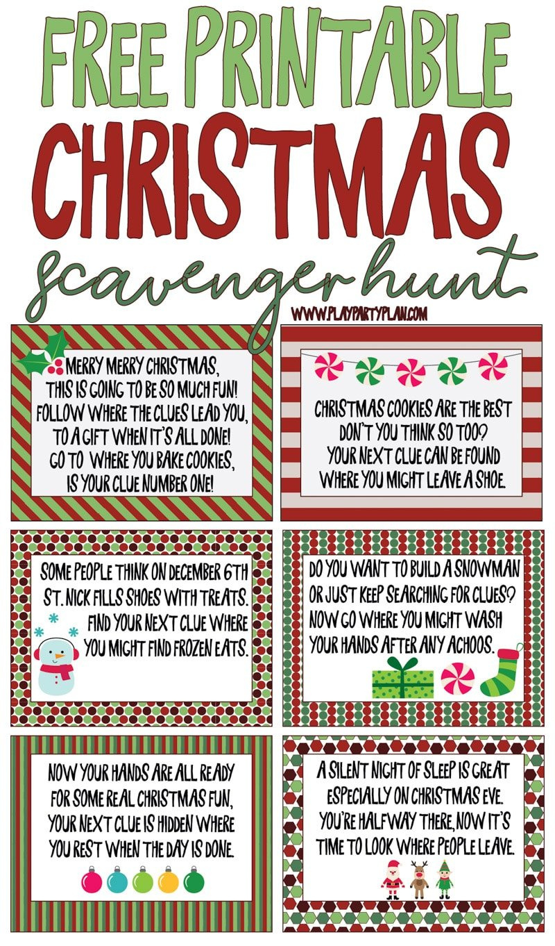 Best Ever Christmas Scavenger Hunt - Play Party Plan for Free Printable Christmas Treasure Hunt Clues