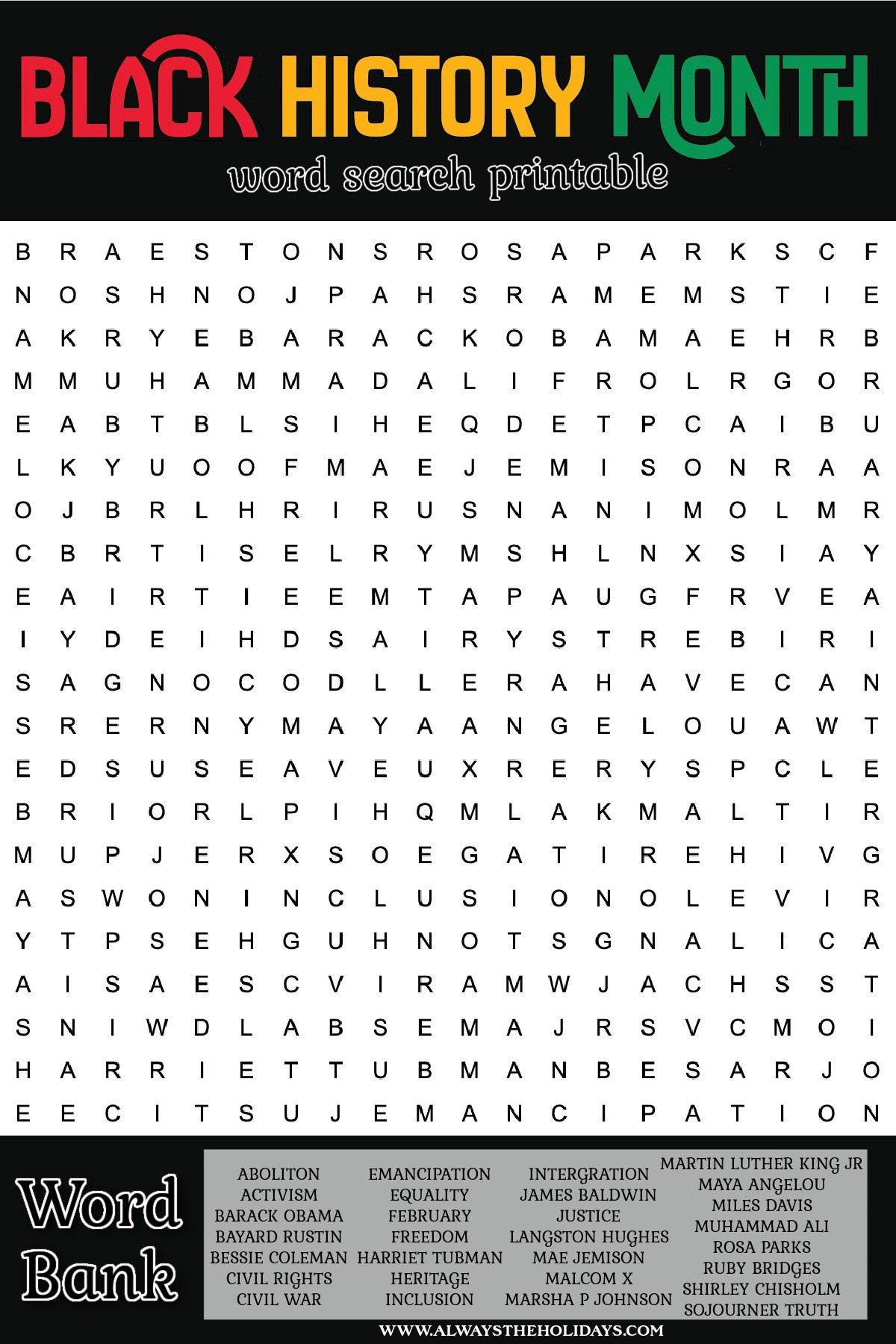 Black History Month Word Search - Free Printable With Answer Key within Free Printable Black History Month Word Search