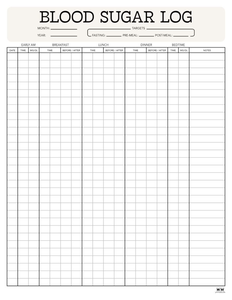 Blood Sugar Logs - 25 Free Logs &amp;amp; Trackers | Printabulls with Free Printable Blood Sugar Log Sheet