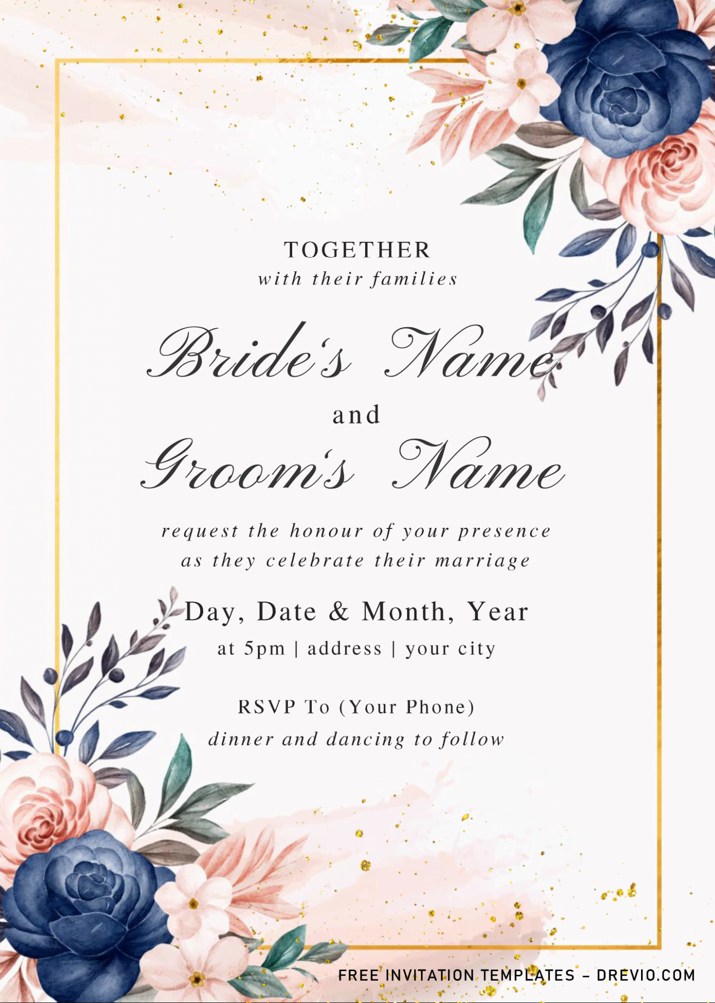 Blue Rose Invitation Templates – Editable With Ms Word regarding Free Printable Wedding Invitation Templates For Word