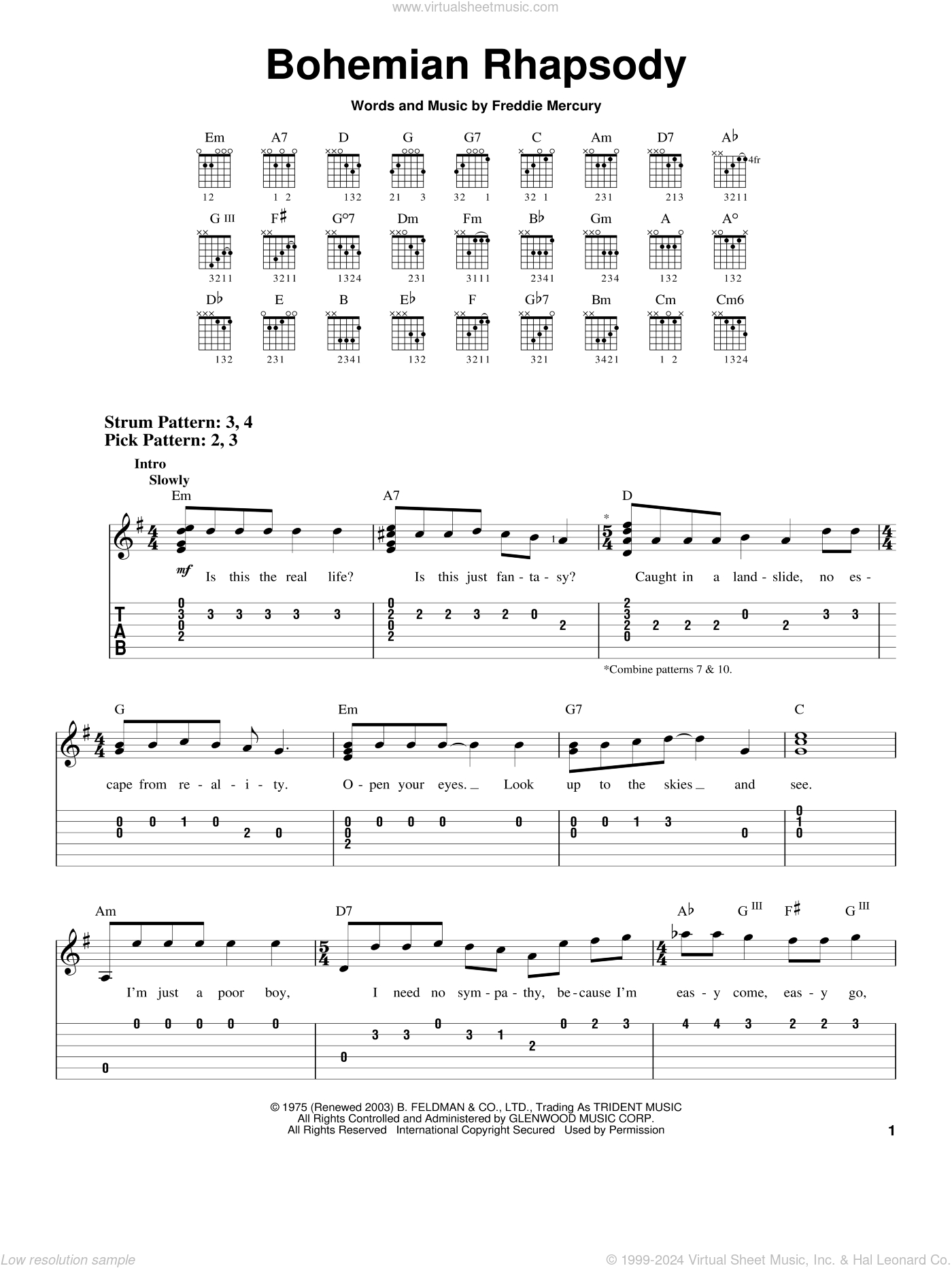 Bohemian Rhapsody Sheet Music (Easy) For Guitar Solo (Easy Tablature) pertaining to Free Guitar Sheet Music For Popular Songs Printable