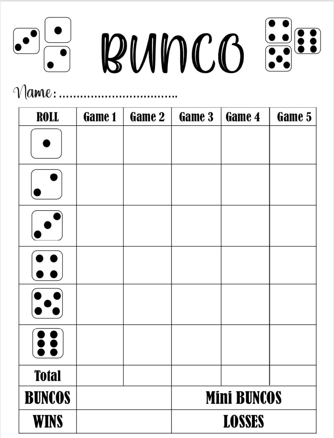 Bunco Score Card - Bunco Scoresheet - Bunco Score Pads - Printable for Printable Bunco Score Cards Free