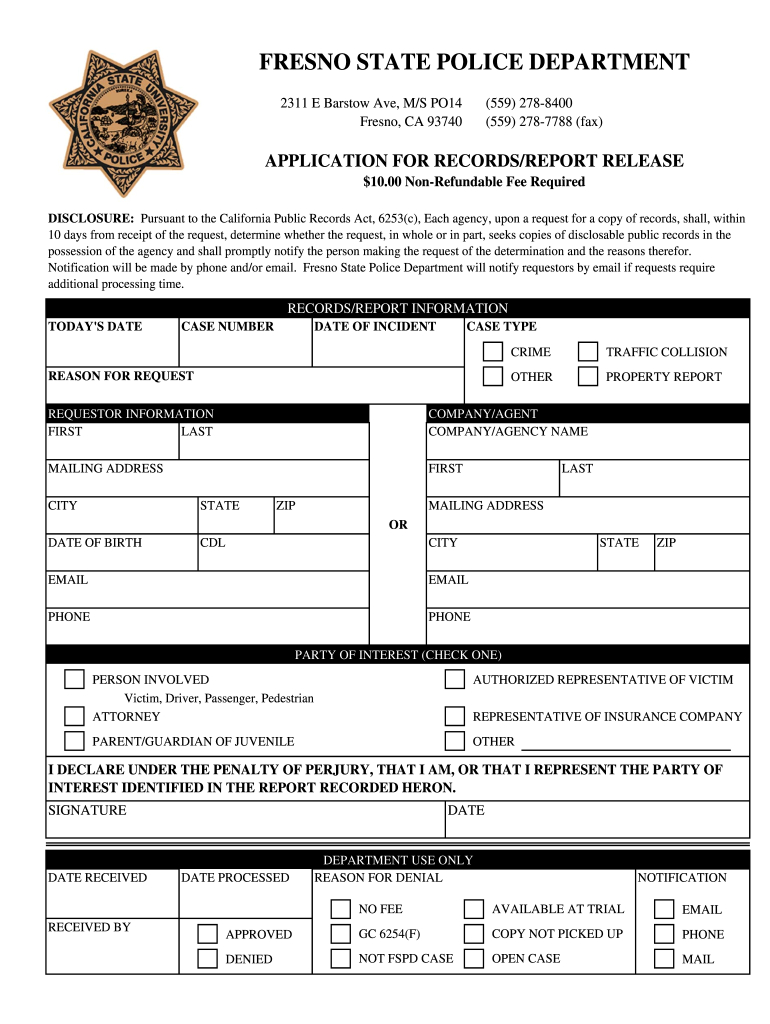 Ca Application For Recordsreport Release - City Form - Fill Online in Free Printable Police Report