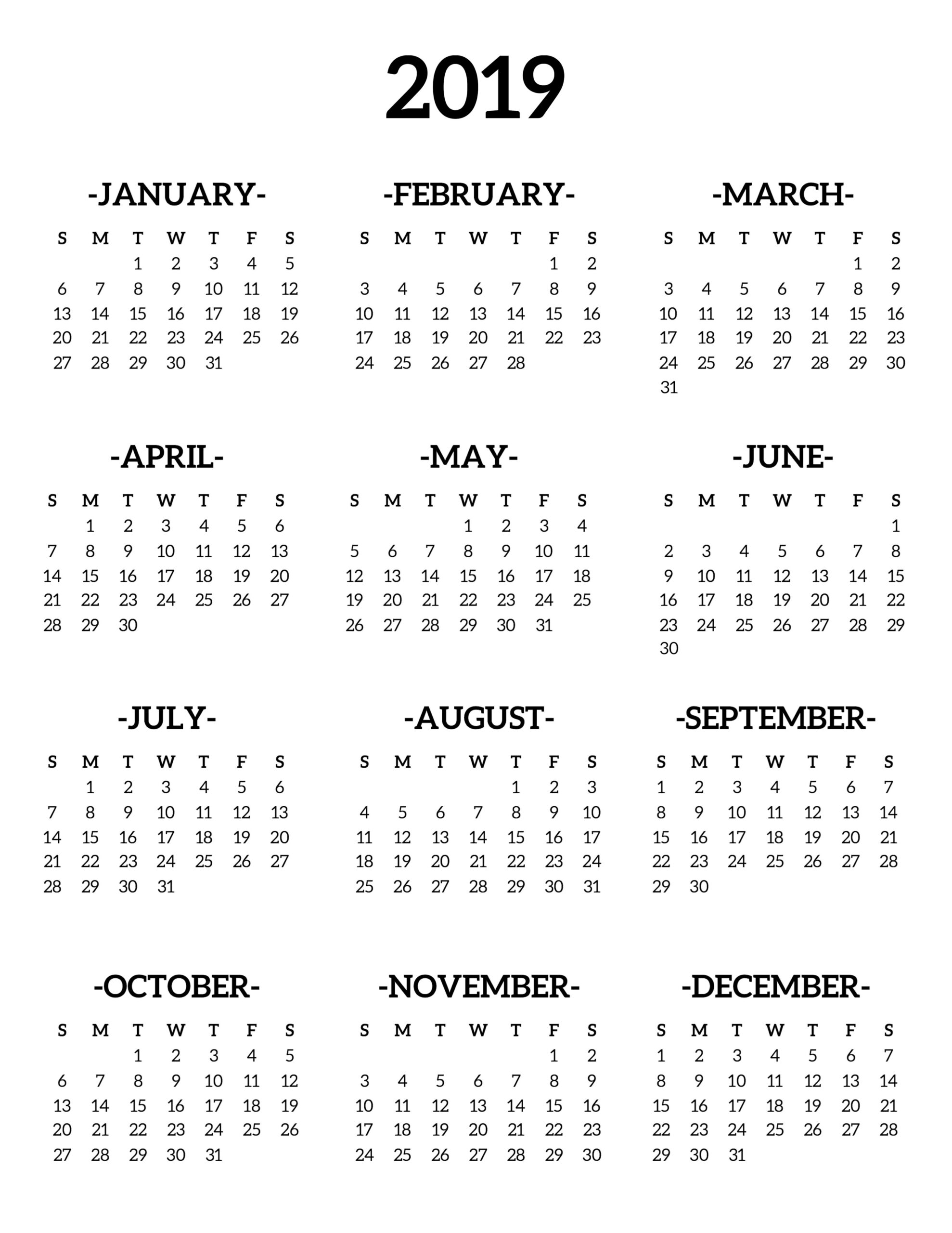 Calendar 2019 Printable One Page - Paper Trail Design regarding Free Printables 2019