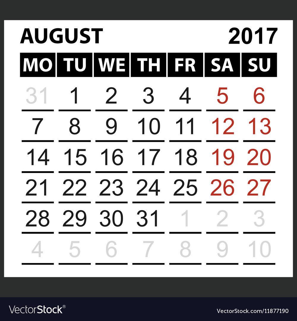 Calendar Sheet August 2017 Royalty Free Vector Image - Worksheets in Free Printable August 2017