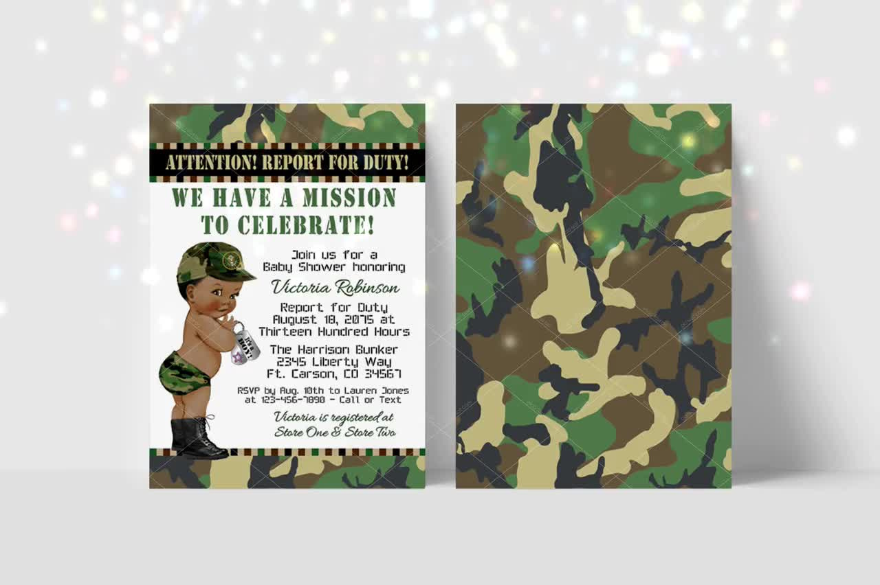 Camouflage Army Baby Shower Invitation: African American Boy - Etsy with Free Printable Camo Baby Shower Invitations