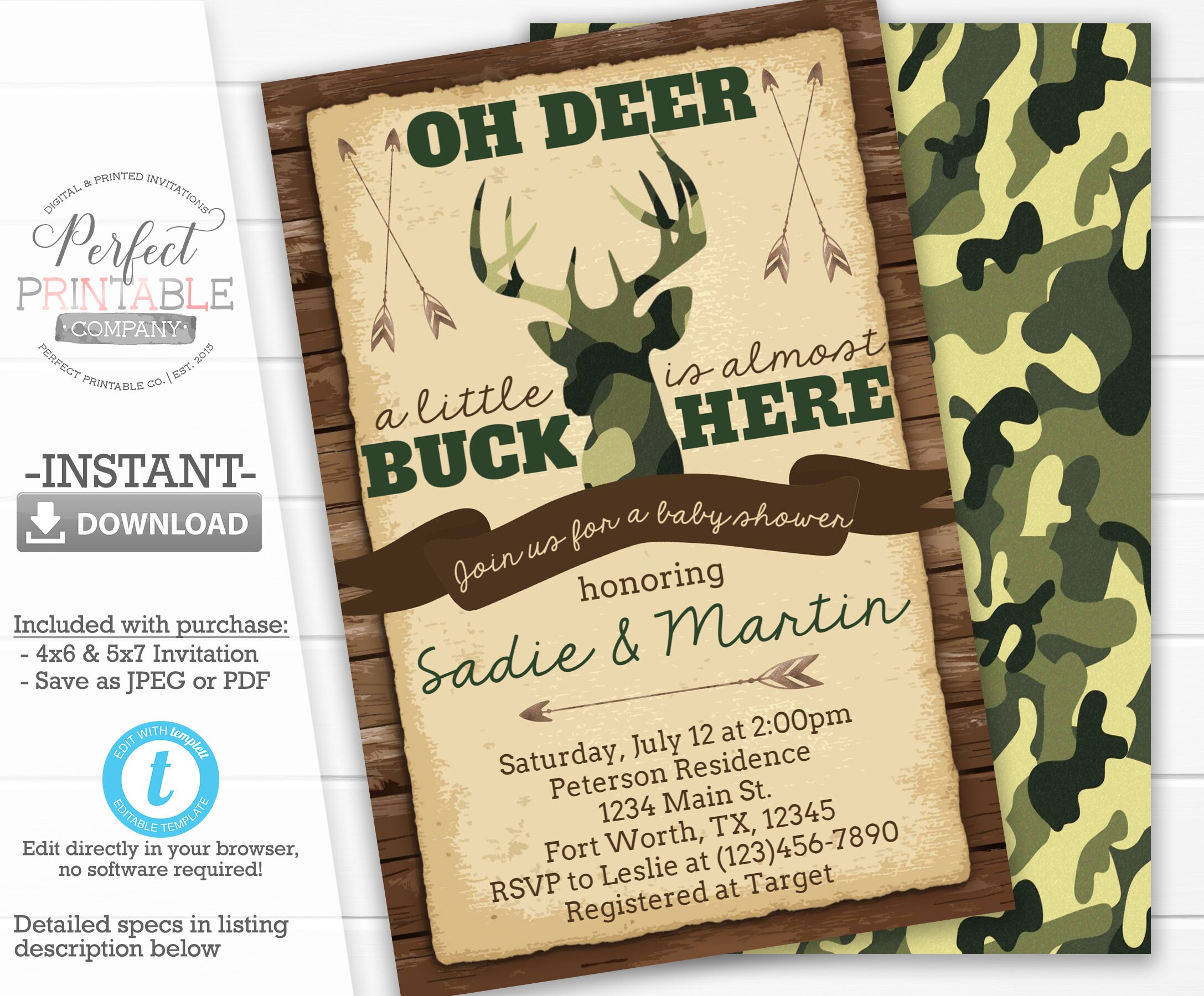 Camouflage Deer Baby Shower Invitation, Antler Baby Shower with regard to Free Printable Camo Baby Shower Invitations