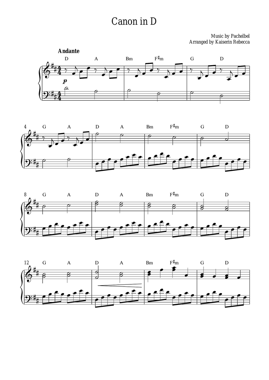 Canon In D (Easy Piano Solo With Chords)Johann Pachelbel throughout Canon In D Piano Sheet Music Free Printable